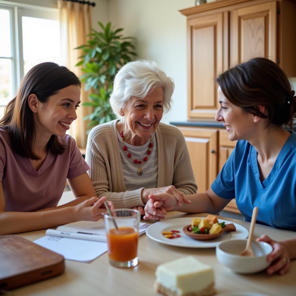 A compassionate caregiver from Good Samaritan Society Home Care consults with a senior woman and her family in their living room.