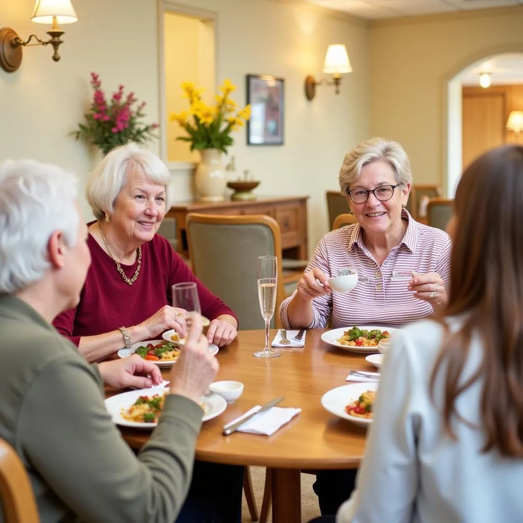 Residents enjoying a meal together in the community dining room. 