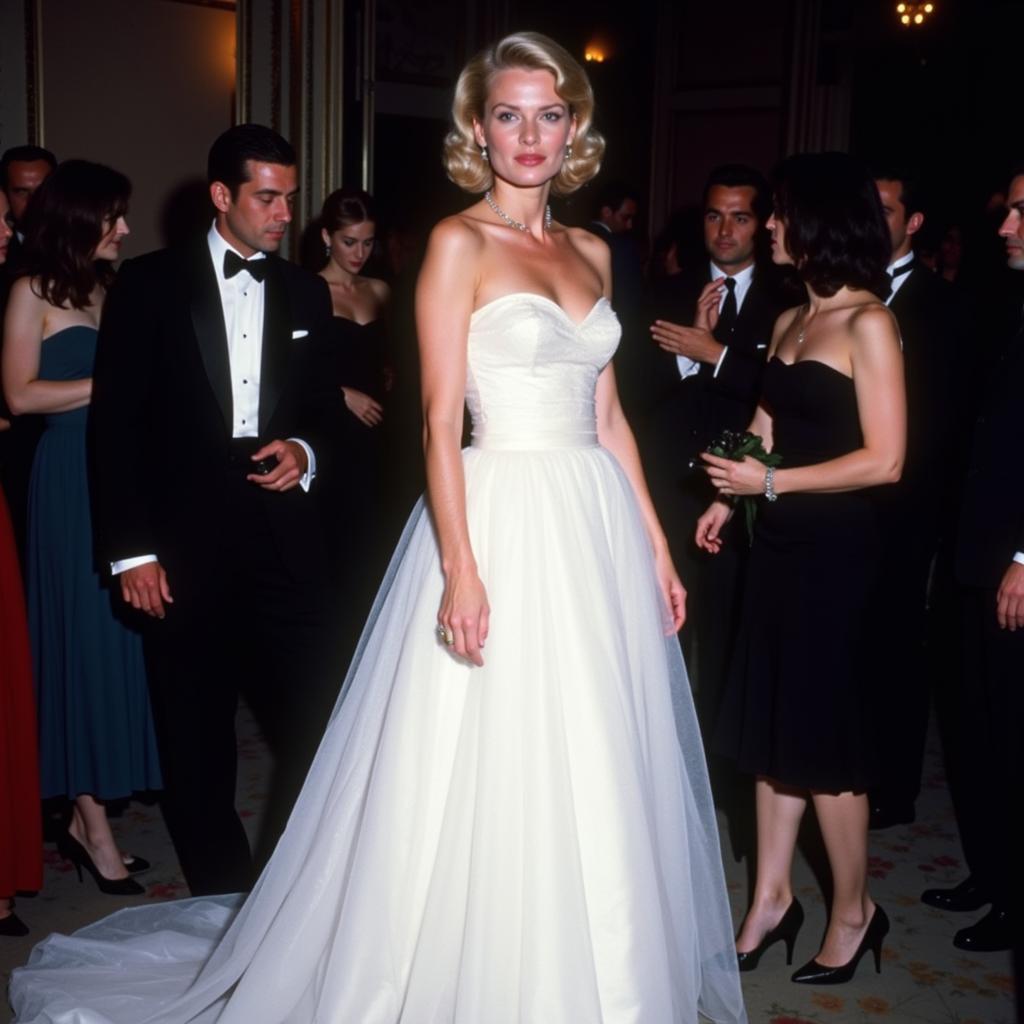 Grace Kelly in a flowing white gown at a high society event.