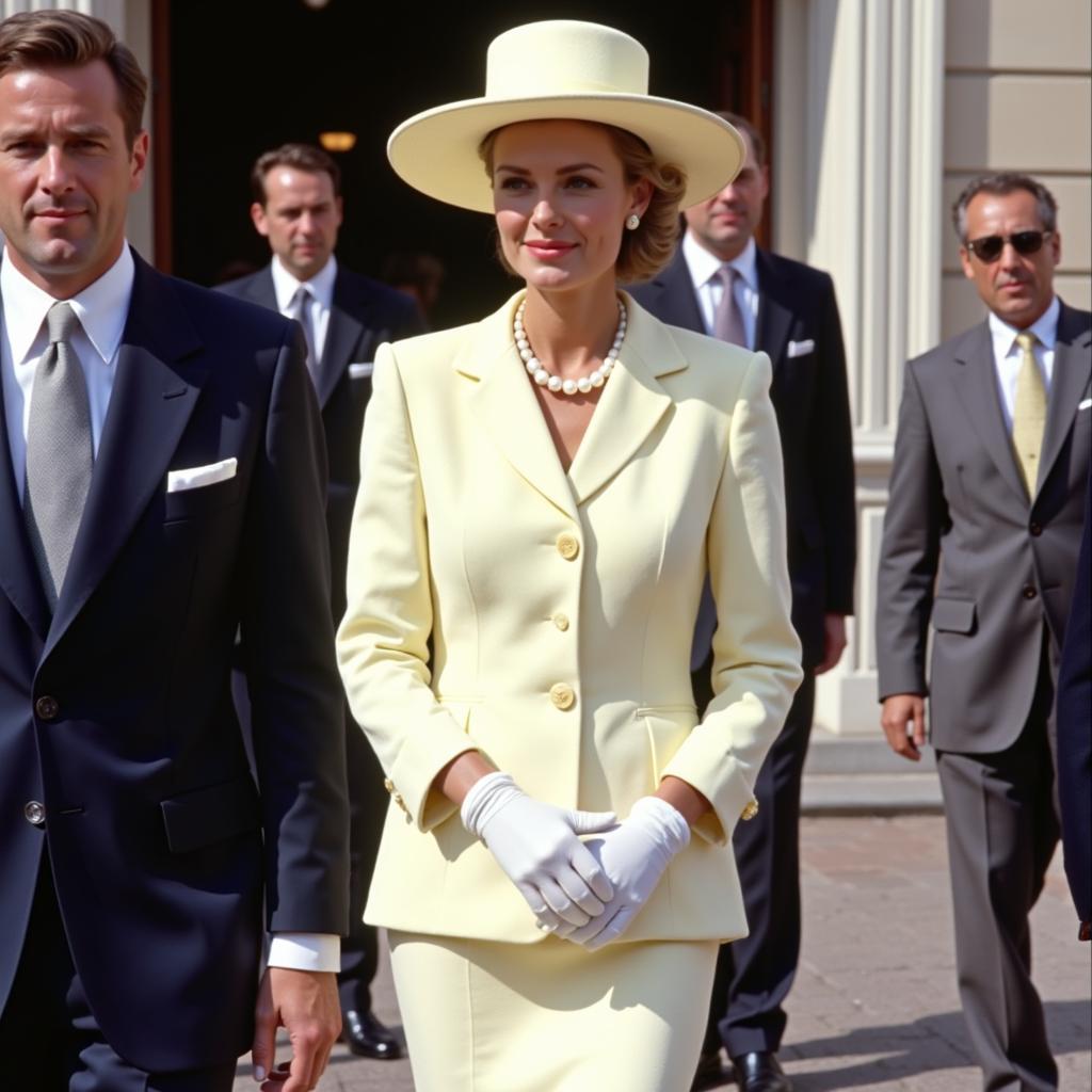 Grace Kelly in a tailored suit and wide-brimmed hat.