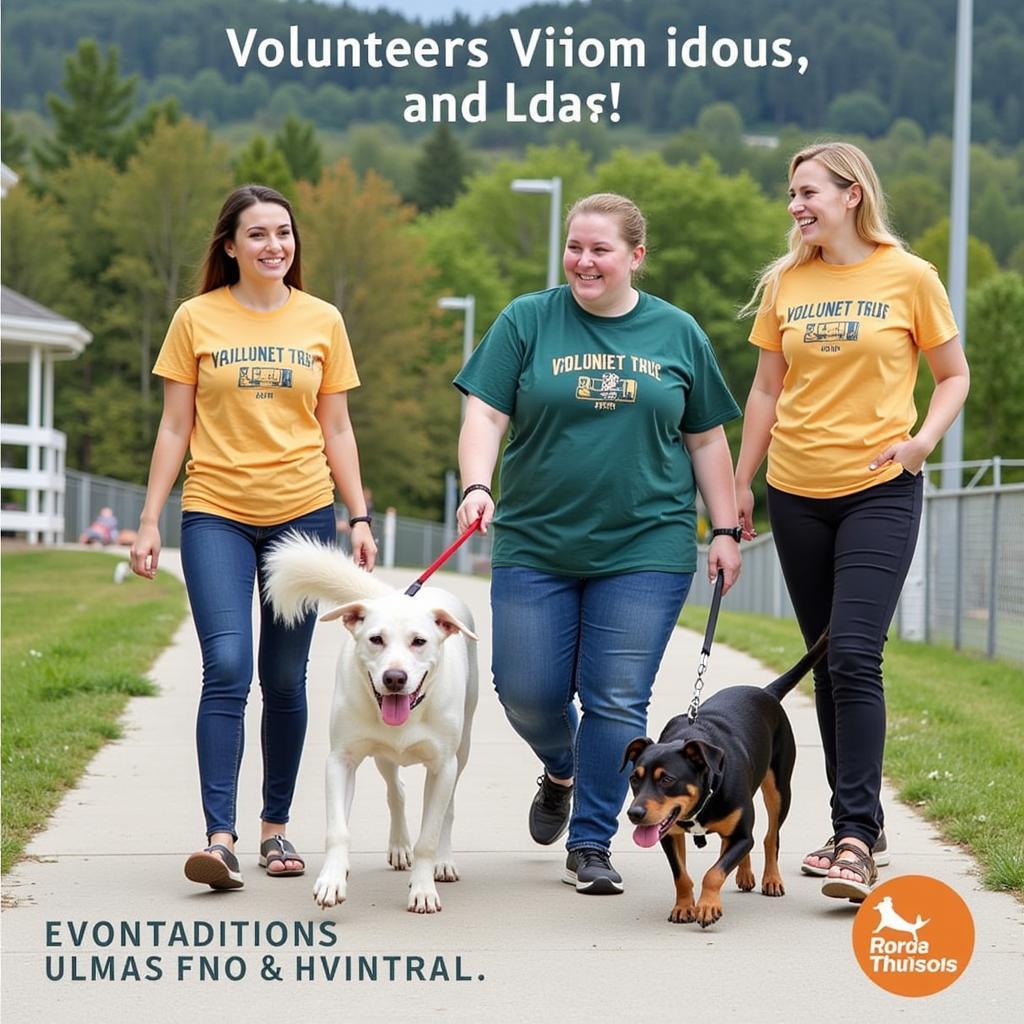 Volunteers walking dogs at a local park, showcasing the strong community involvement with the Circle of Friends Humane Society.