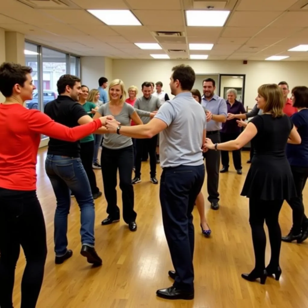 A group of people learning to swing dance with an instructor in Grand Rapids