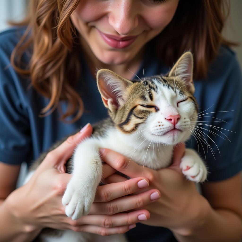 A content cat being cuddled by a volunteer at Grand Rivers Humane Society