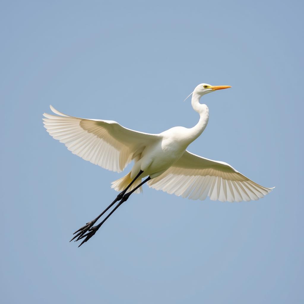 Great Egret soaring through the sky