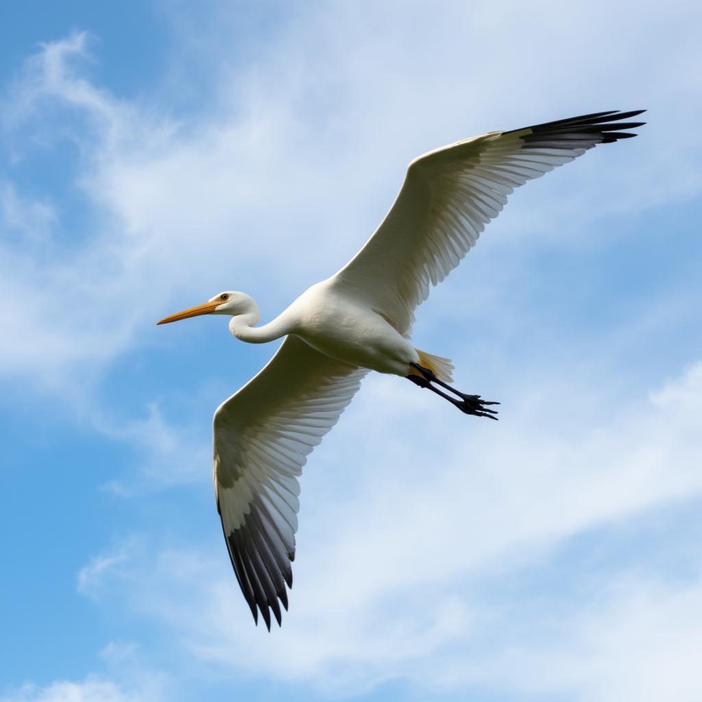 Great Egret soaring through the sky