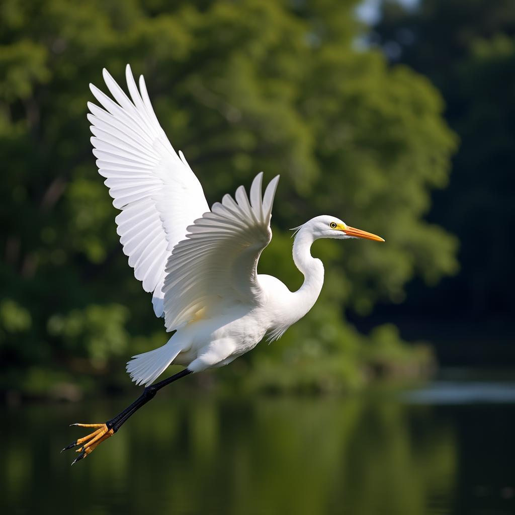 A great egret soaring through the sky with its wings outstretched.