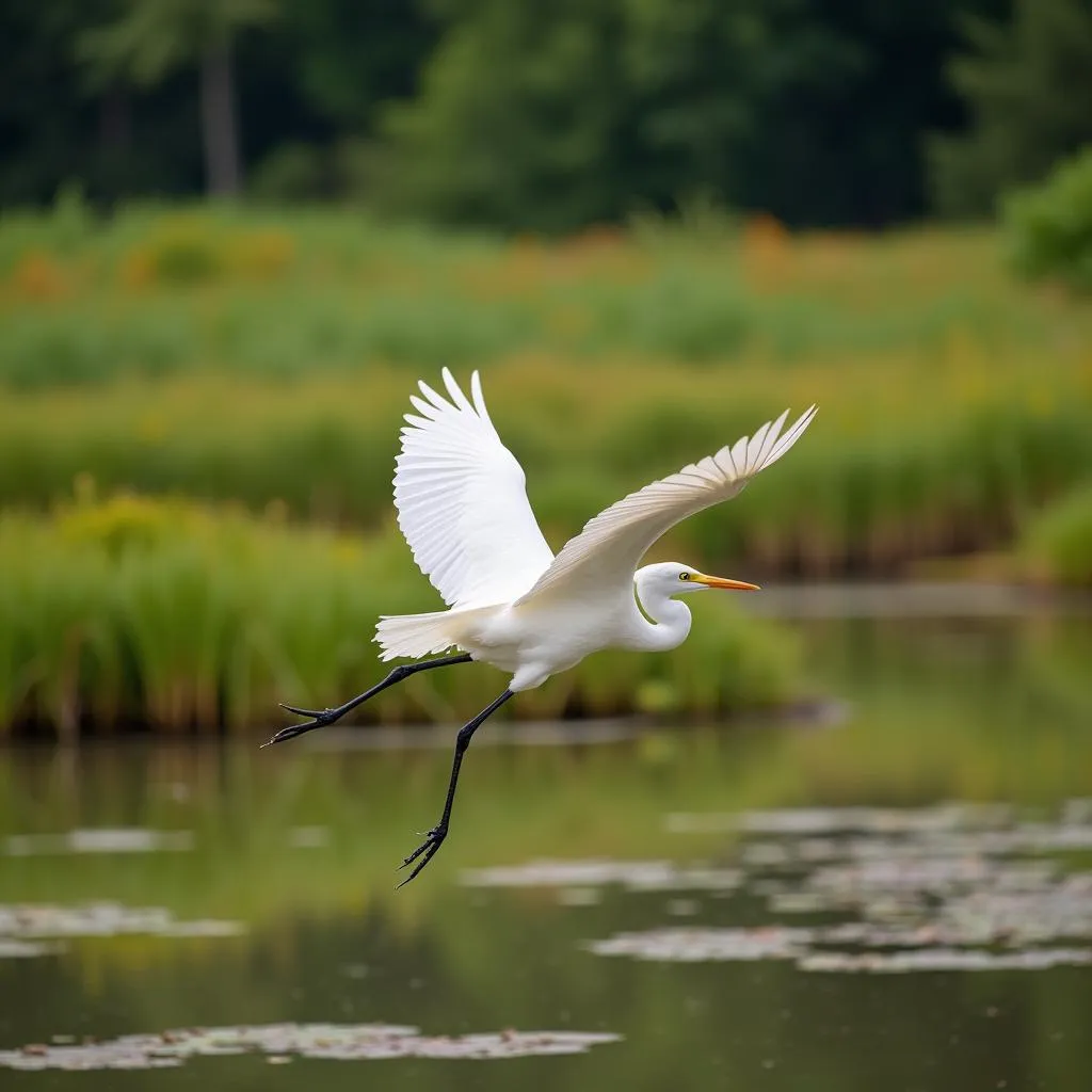 A great egret in flight over a lush wetland habitat, its wings spread wide.