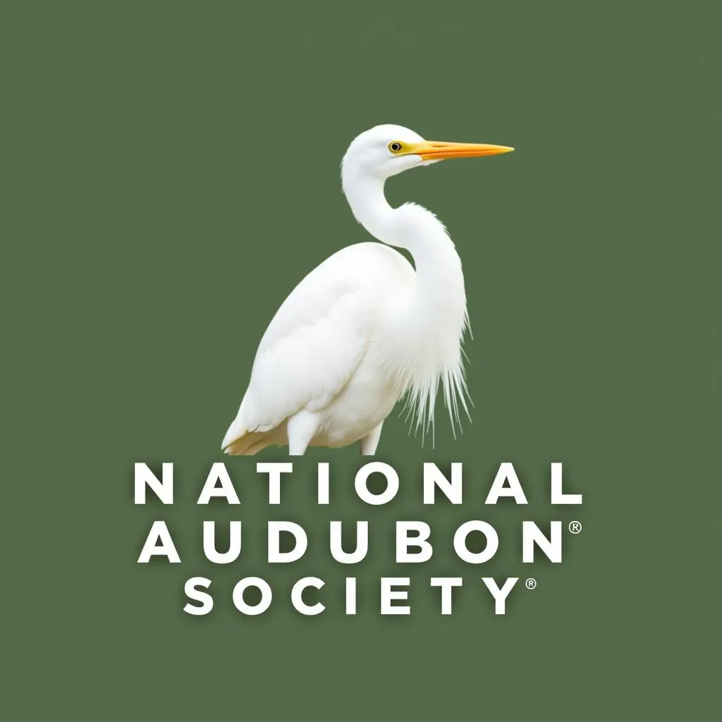 Great egret standing on branch, the bird featured in the National Audubon Society logo.