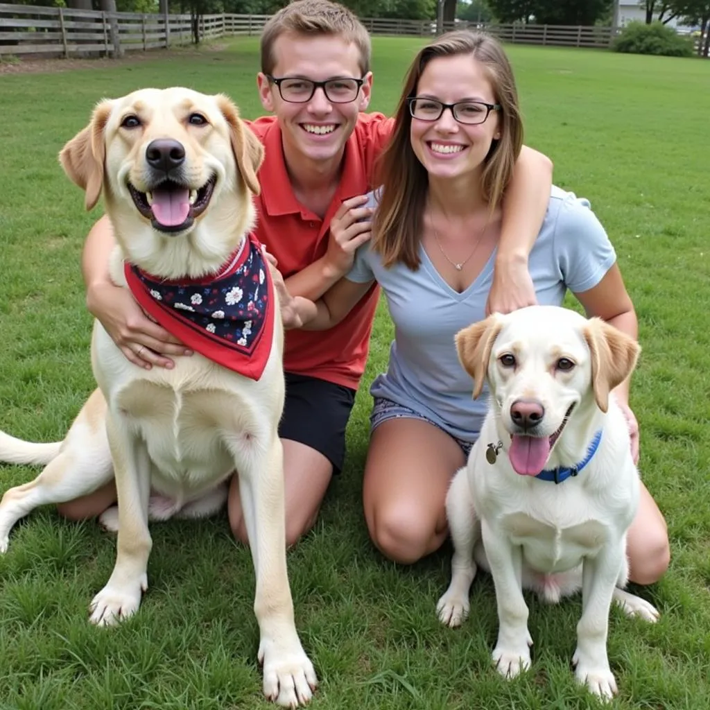 A family excitedly poses with their newly adopted dog at a GLHS adoption event.