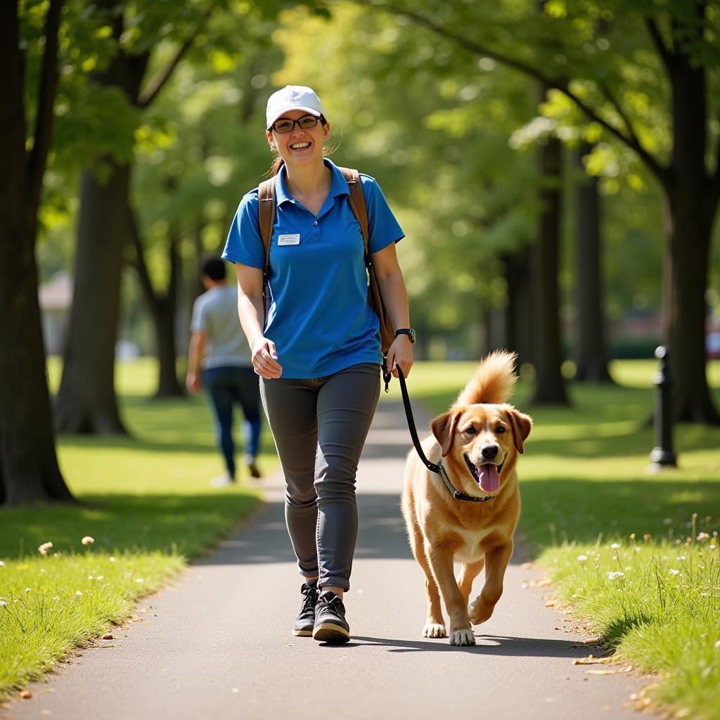 Volunteer walking a happy dog at Greenbelt Humane Society