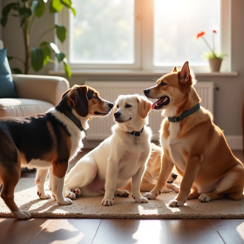 Happy adopted pets playing together in a loving home