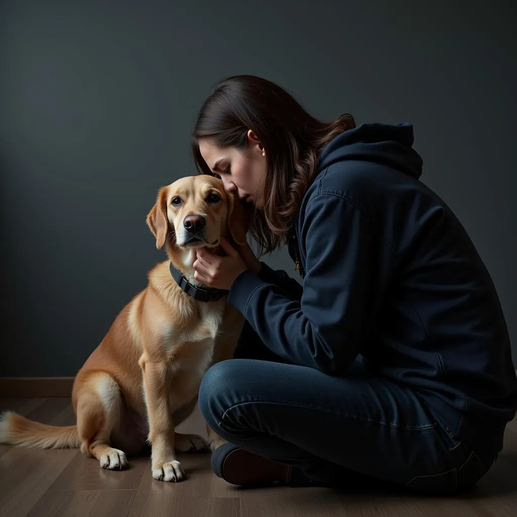 A person grieves the loss of their dog, finding comfort in holding their pet's collar.