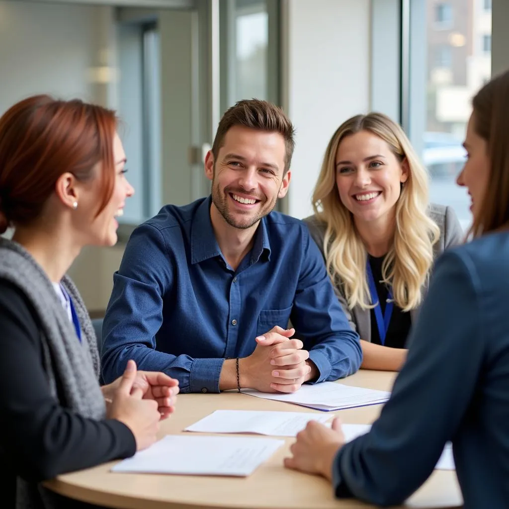 A diverse team of Alzheimer's Society staff members collaborates in a meeting, radiating positivity.