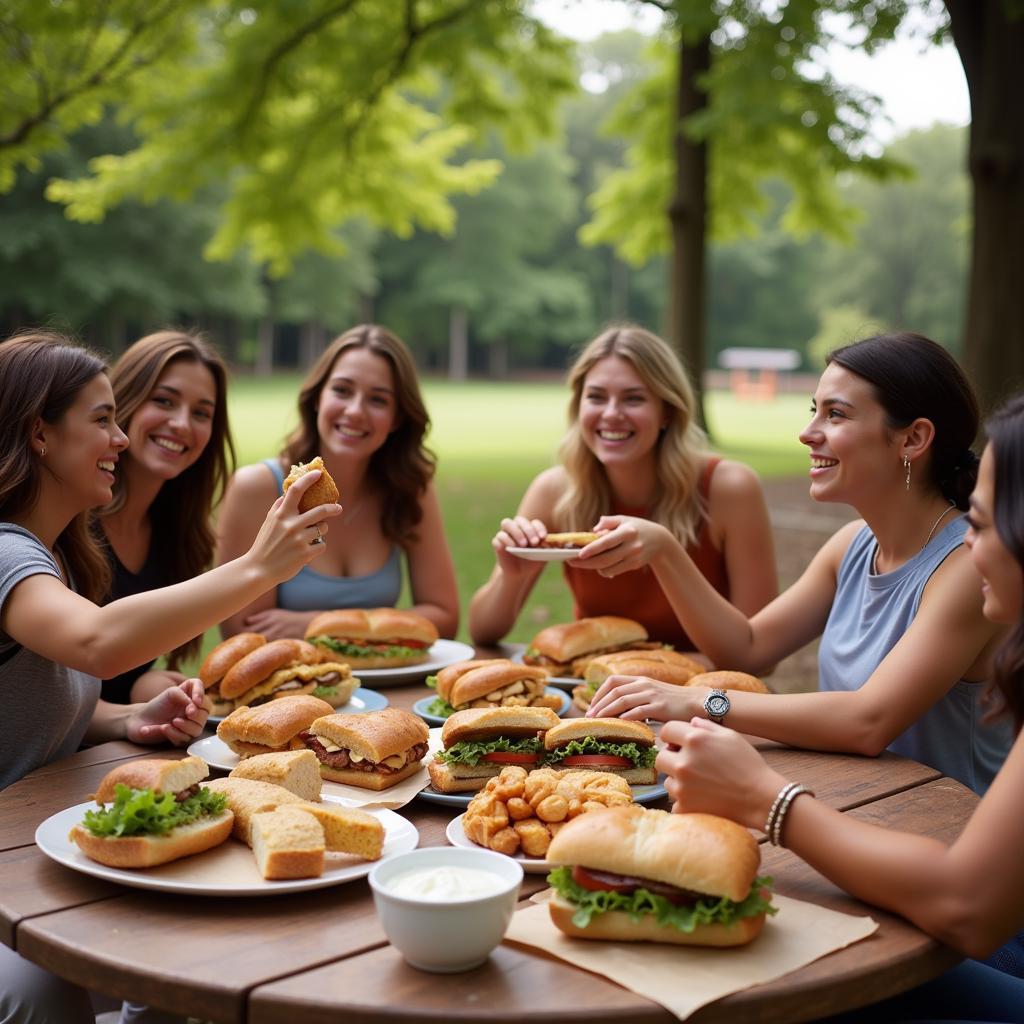 Friends enjoying sandwiches together in Fayetteville