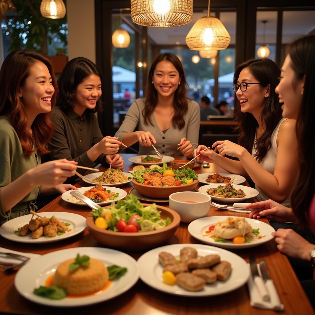 Group of Friends Enjoying Thai Food at a Restaurant