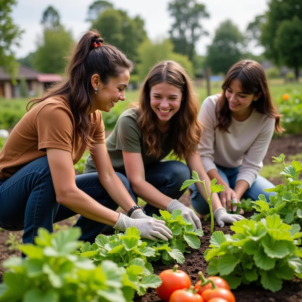 Diverse group of volunteers working together in a community garden.