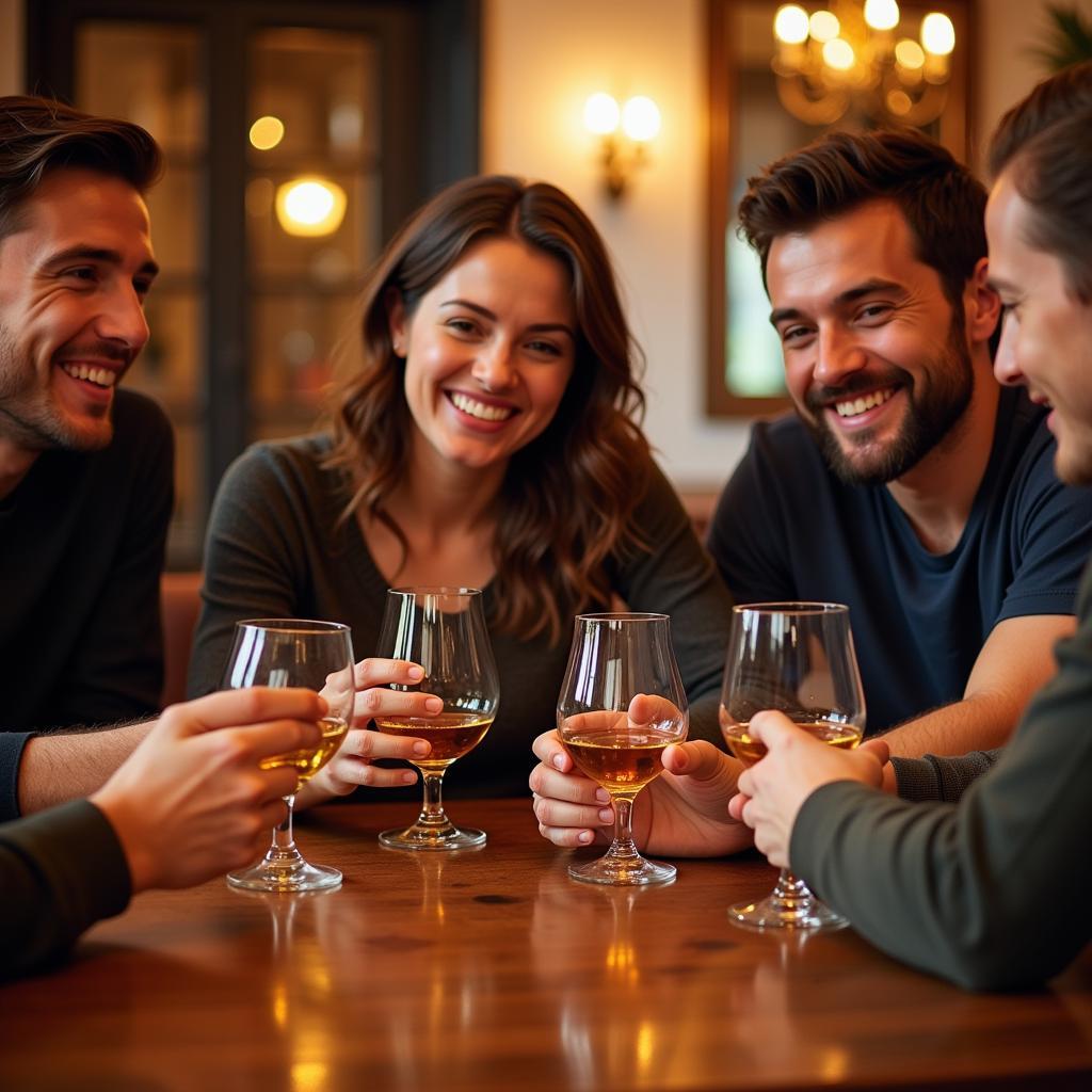 A diverse group of friends laughing and enjoying a whisky tasting experience.