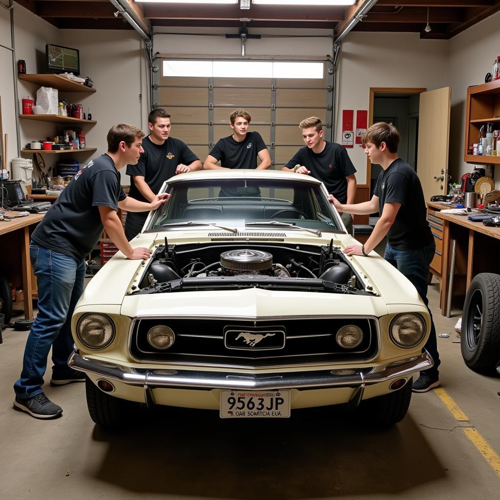 A group of friends, gathered in a garage, work together on restoring a Foxbody Mustang.