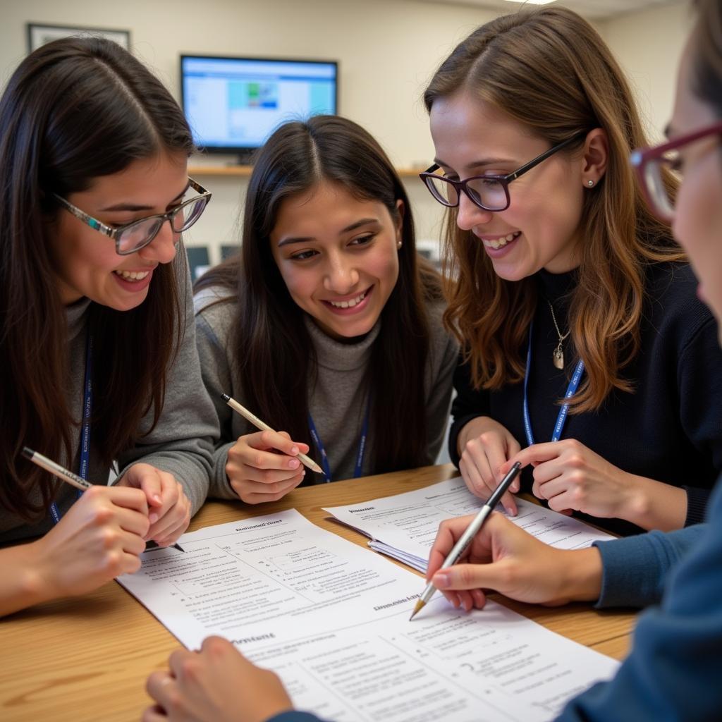 A diverse group of students collaborates on chemistry studies.