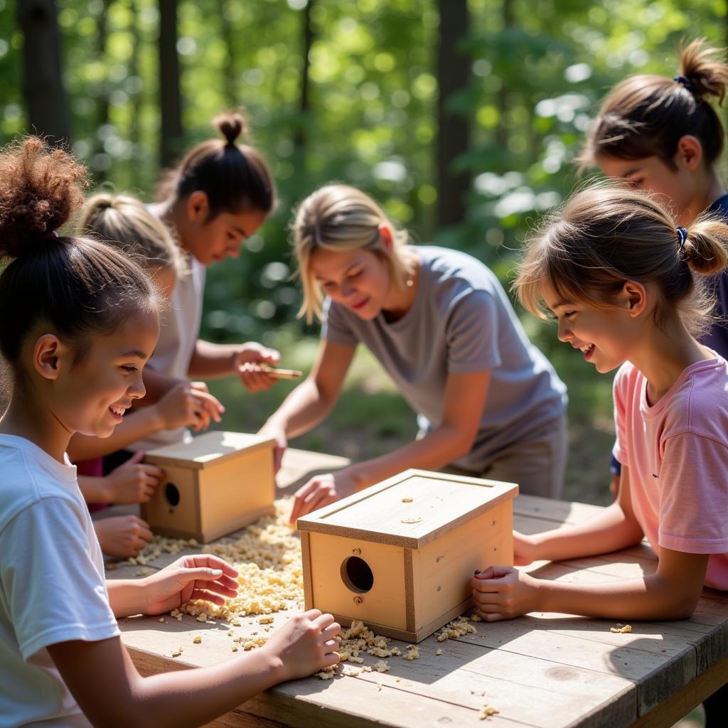 Group of volunteers building bluebird boxes