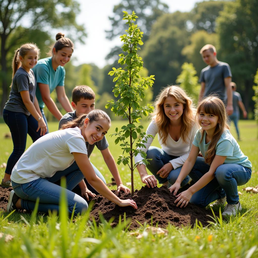 Volunteers planting native trees in a local park