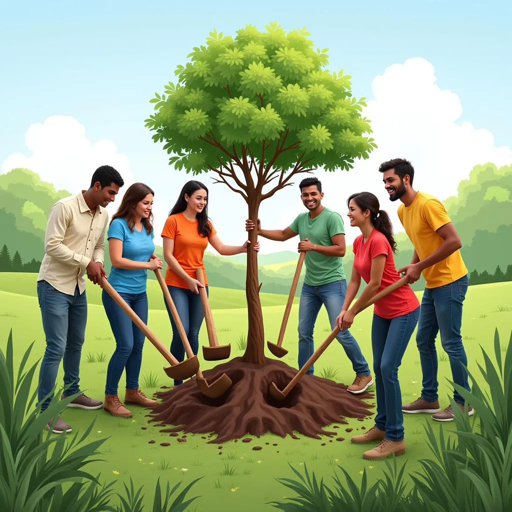 Volunteers Collaborating on Tree Planting