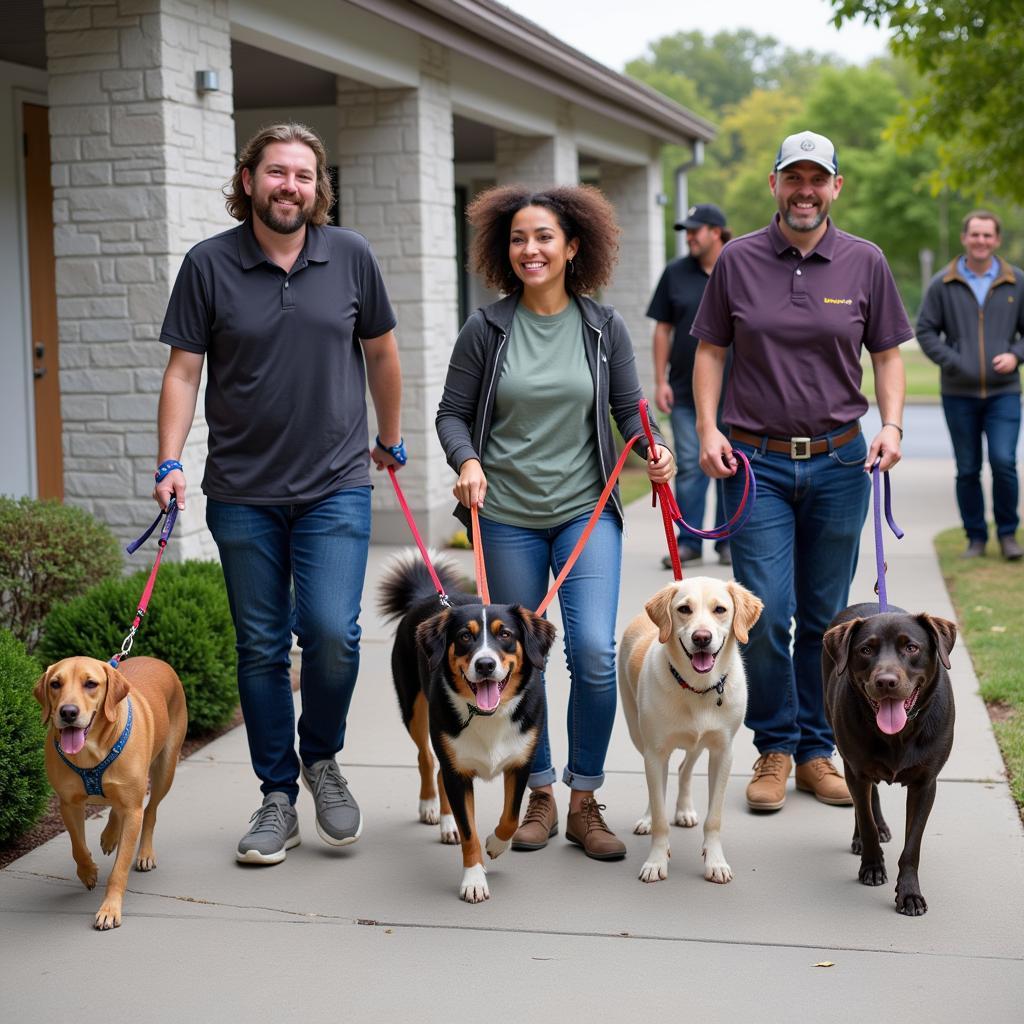 Volunteers enjoy a sunny day walking dogs from the local humane society.