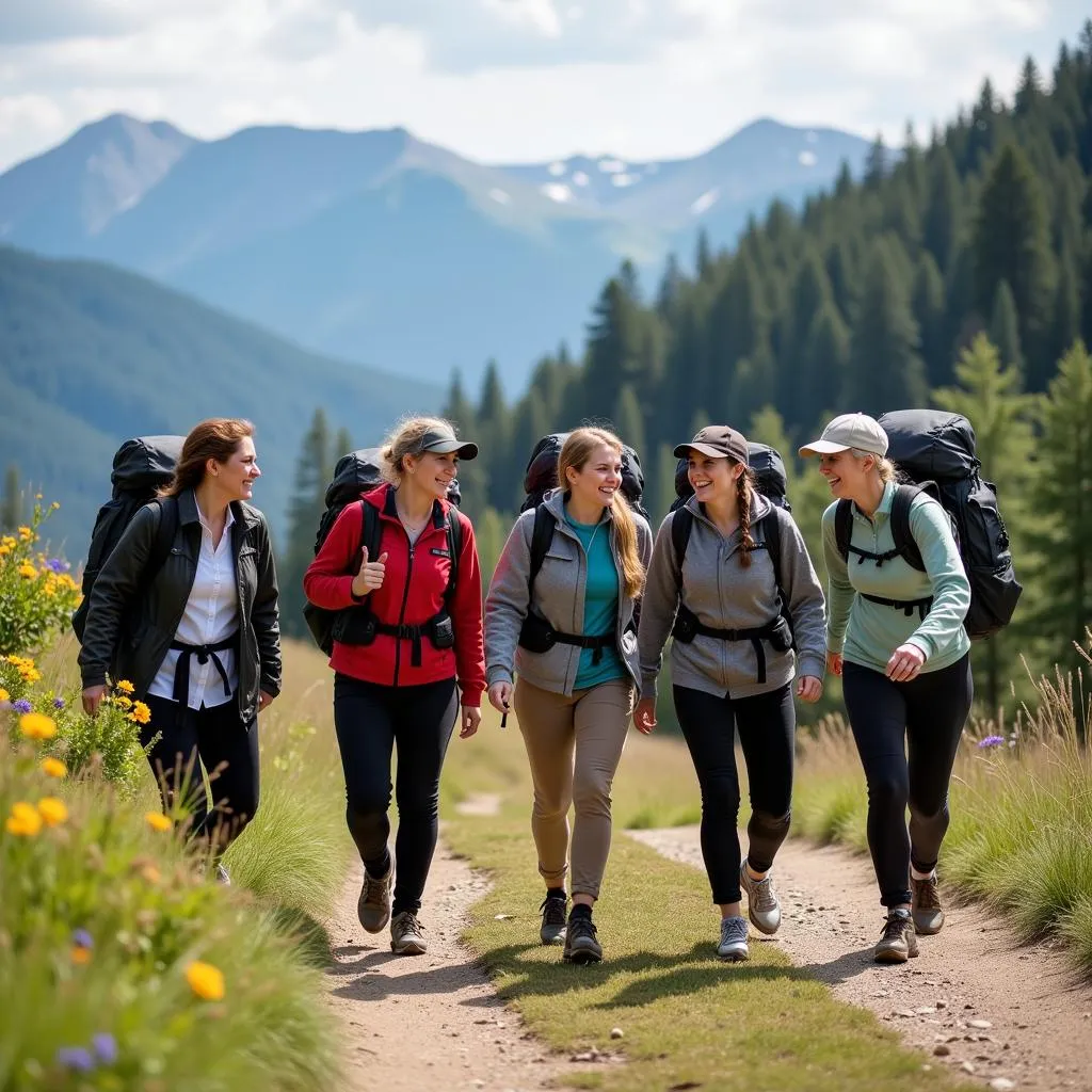 Group of Women Hiking on a Trail, Sharing Stories