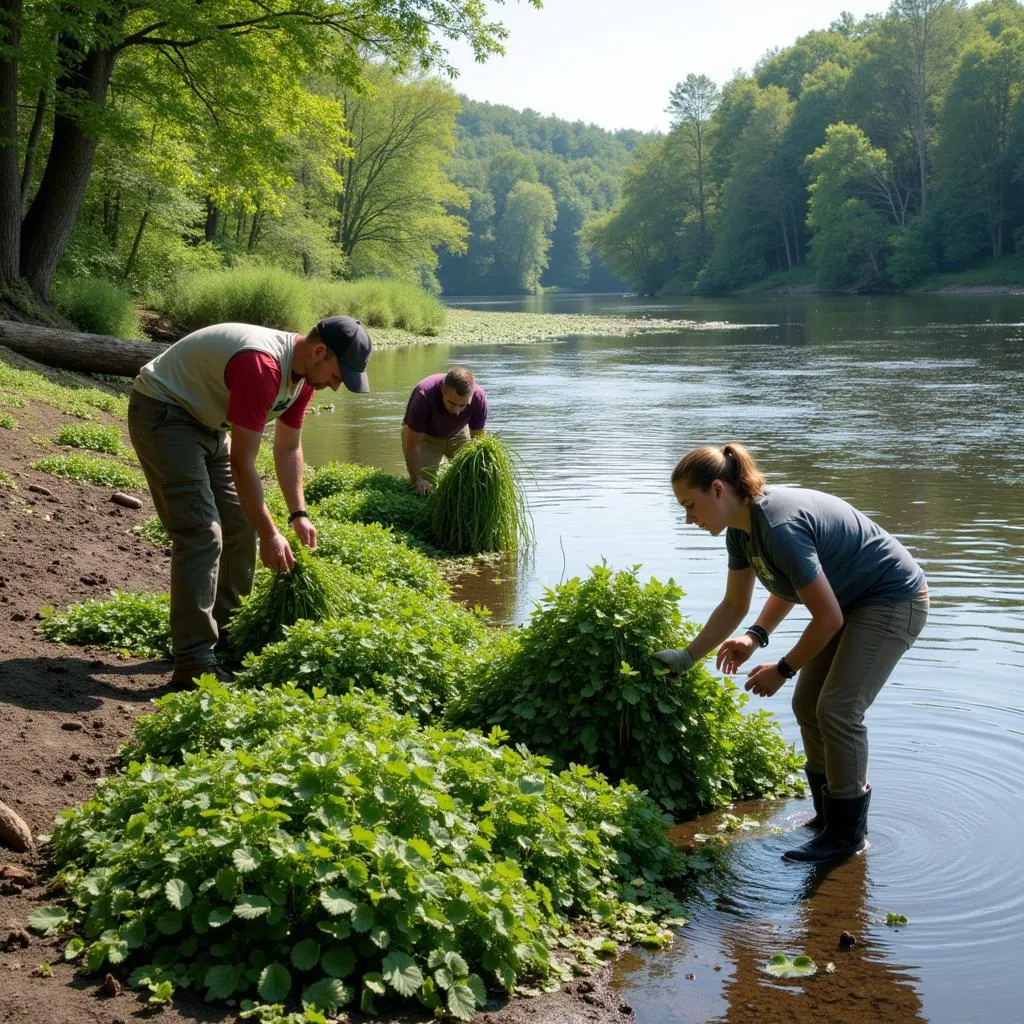 Image of volunteers working together to remove invasive plants from a river