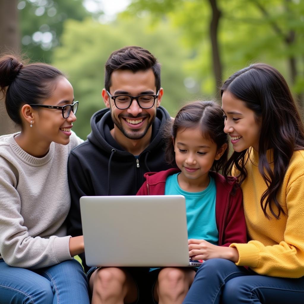 Group of Young People from Different Backgrounds Using Laptop Together Outdoors