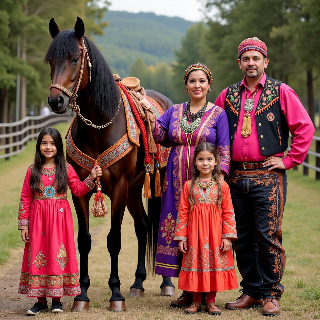 A Romani family, dressed in traditional attire, poses with their prized Gypsy Vanner horse, showcasing the strong bond between the community and their horses.