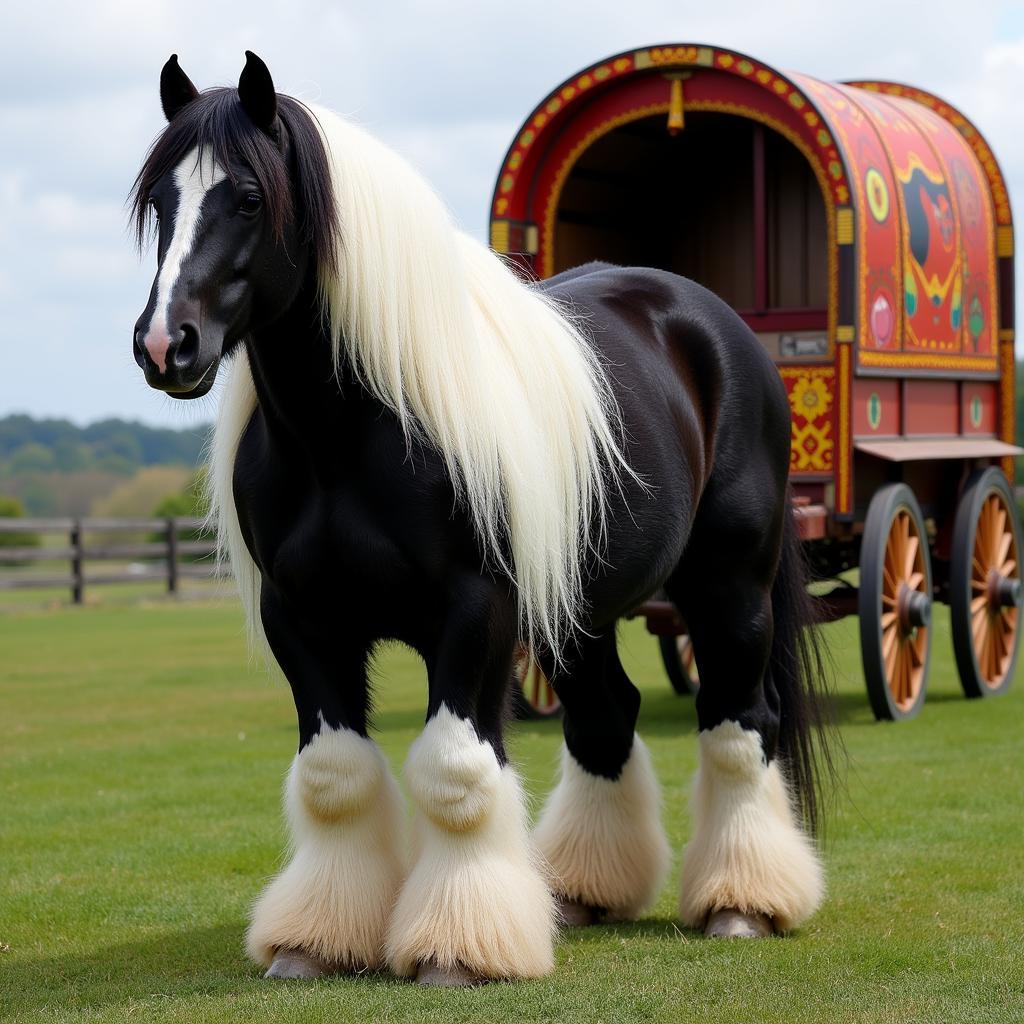 A Gypsy Vanner horse stands proudly in front of a traditional caravan, showcasing the breed's deep-rooted connection to Romani culture.