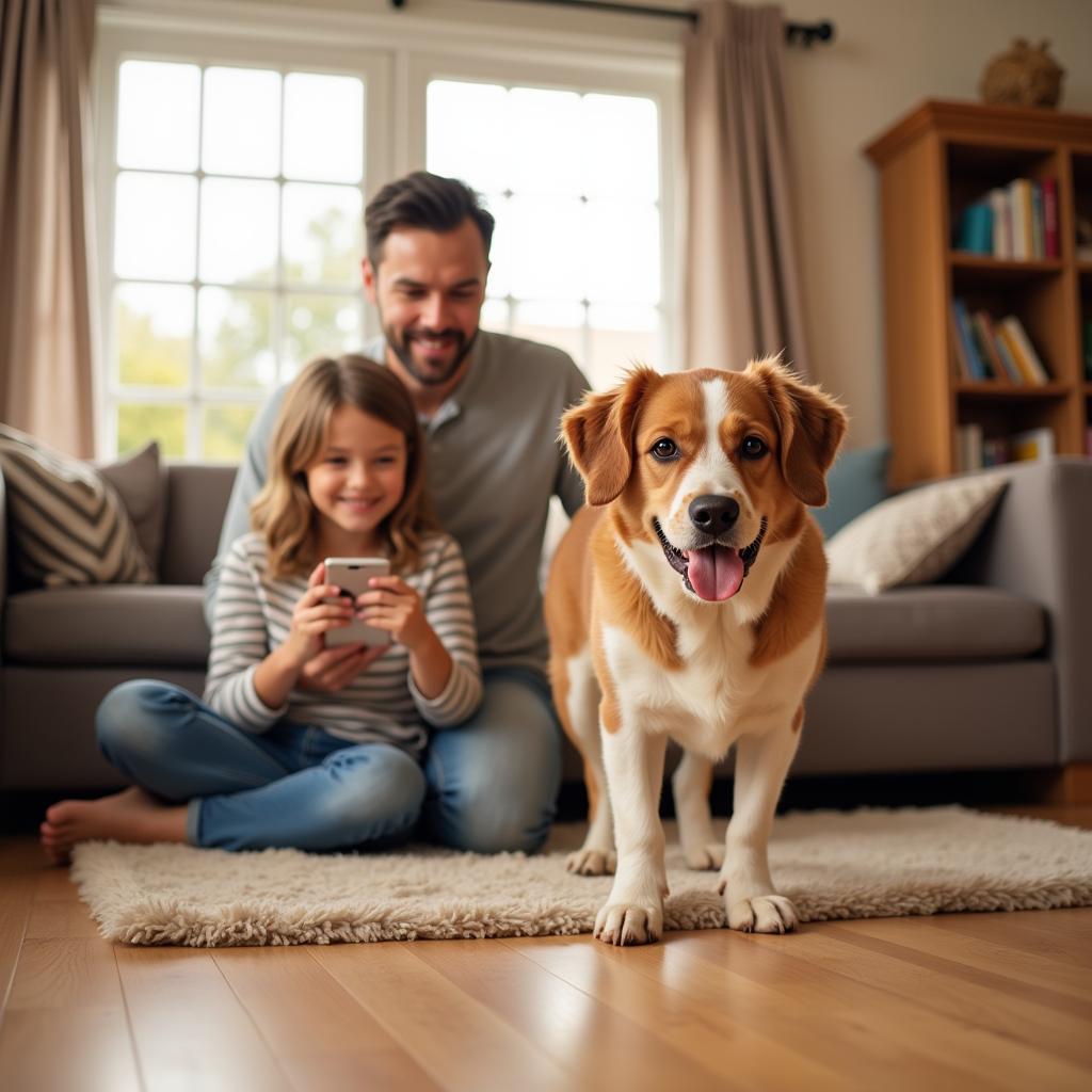 An adopted dog enjoying its new home with a loving family.