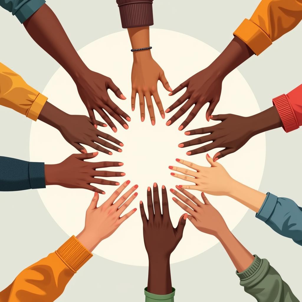 Diverse hands coming together, symbolizing unity, cooperation, and a shared future