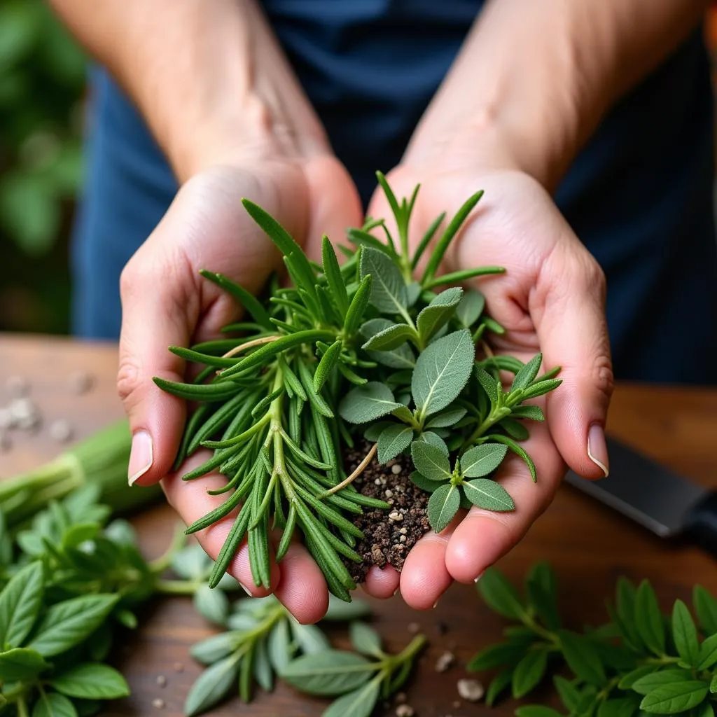 Close-up of hands gently holding a bunch of fresh herbs