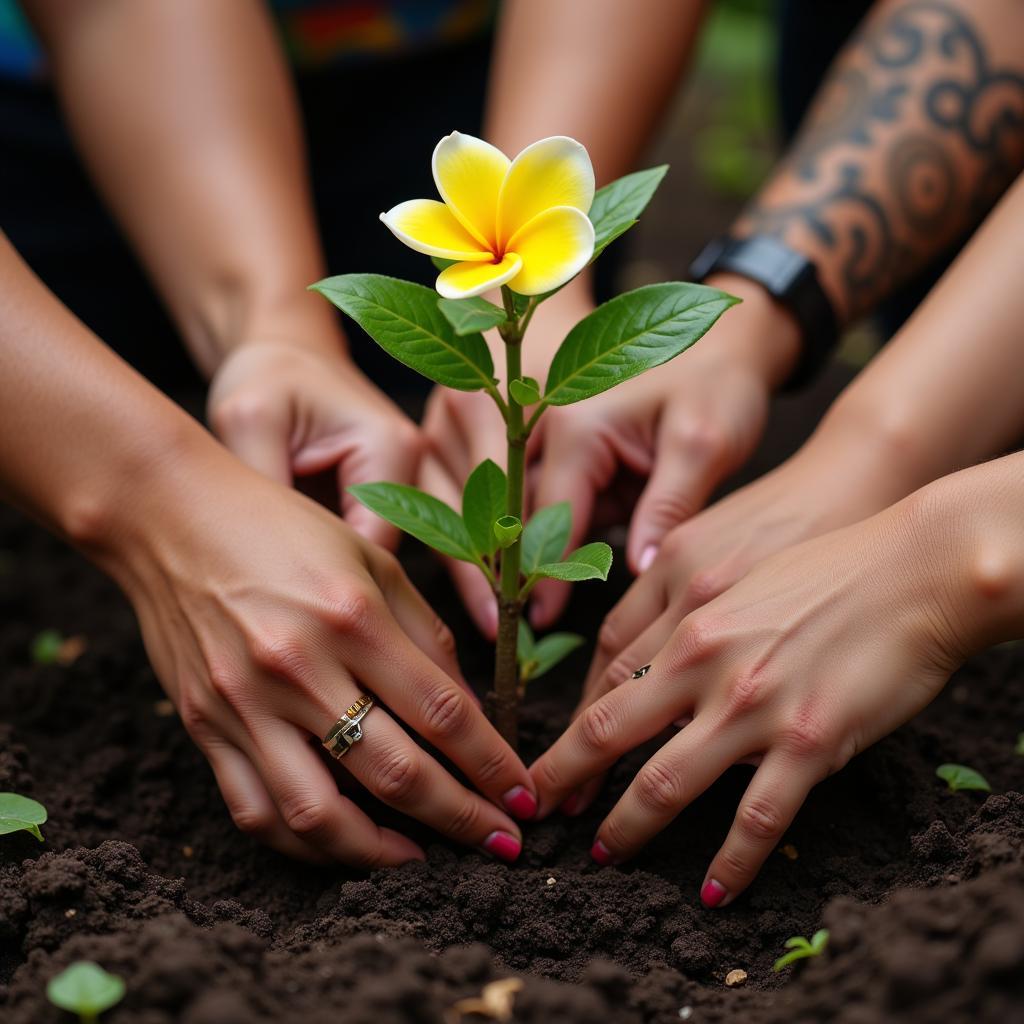 Hands Planting a Plumeria Tree Together