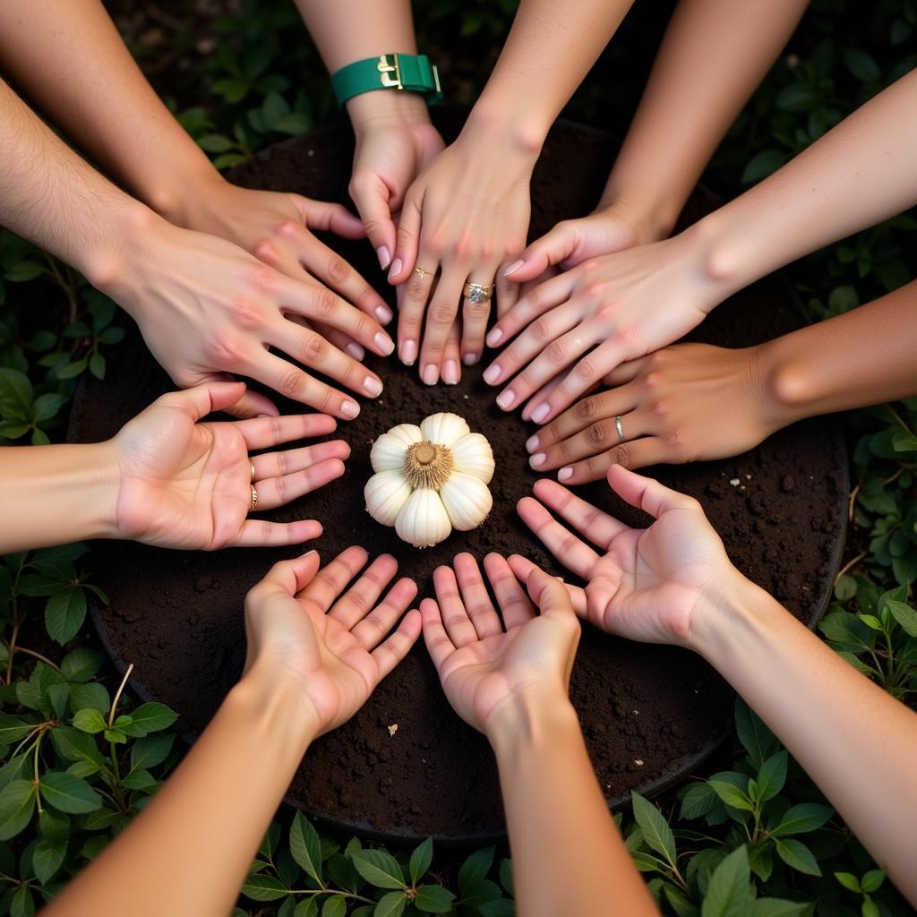 Hands of different people working together to plant society garlic