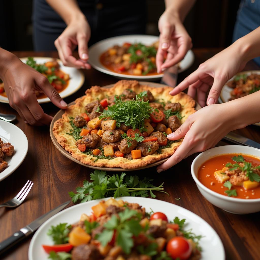 Hands of diverse people reaching for food at a shared meal