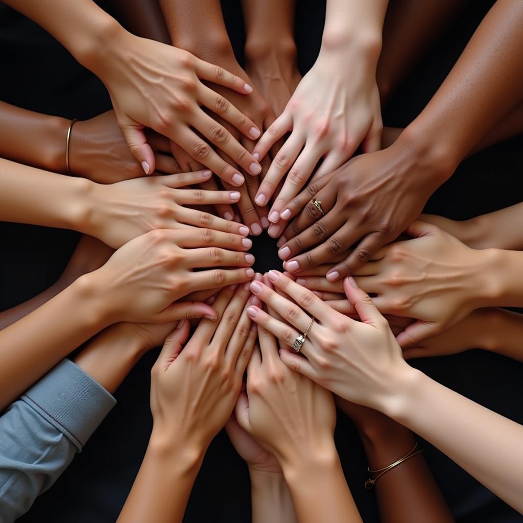 Diverse hands joined together in unity