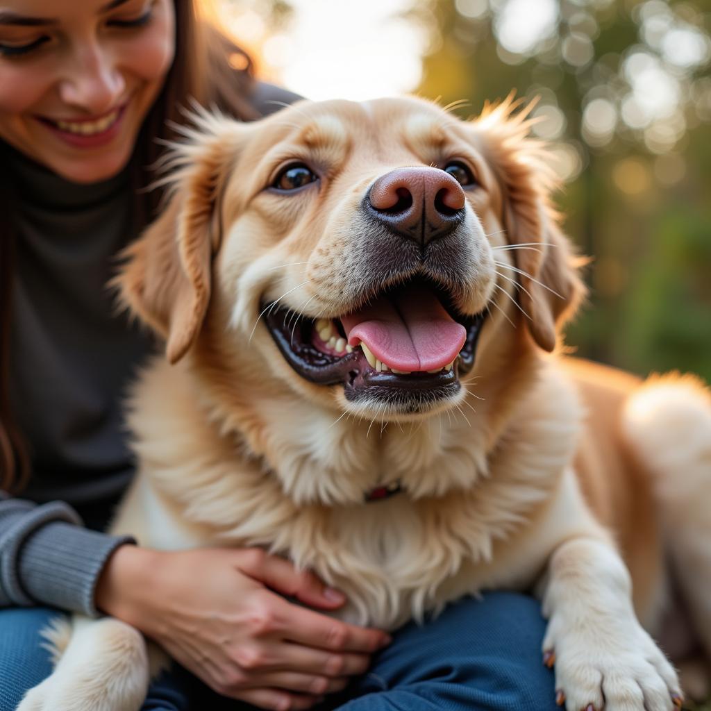 A happy dog with its new family, enjoying their time together in a park.