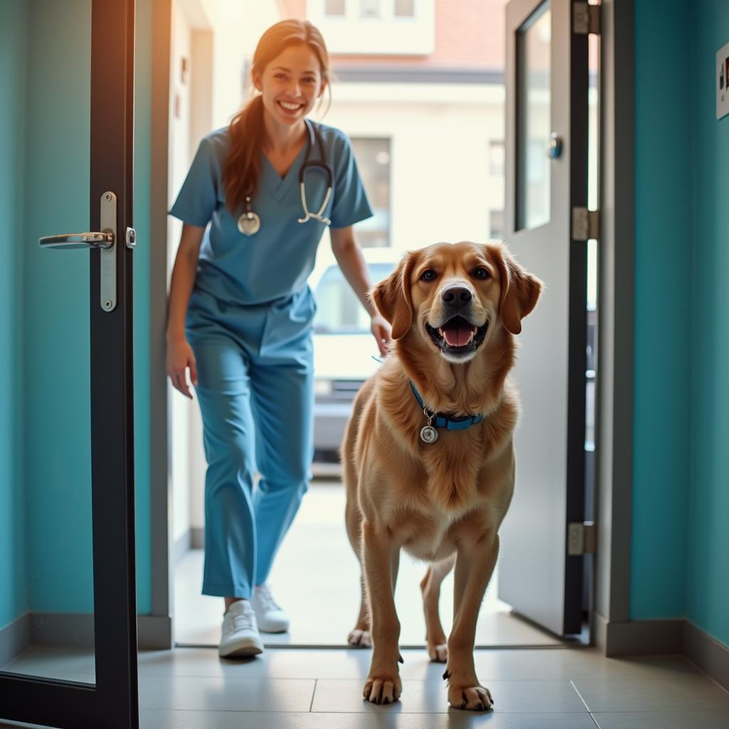 A happy and healthy dog leaving Society Hill Vet Hospital with its owner