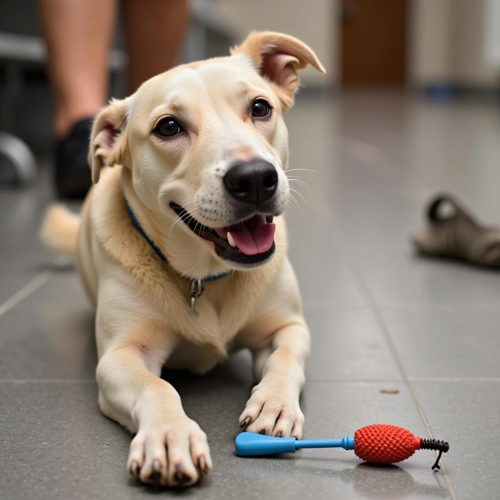 Happy dog playing with a toy at the Sarpy County Humane Society 