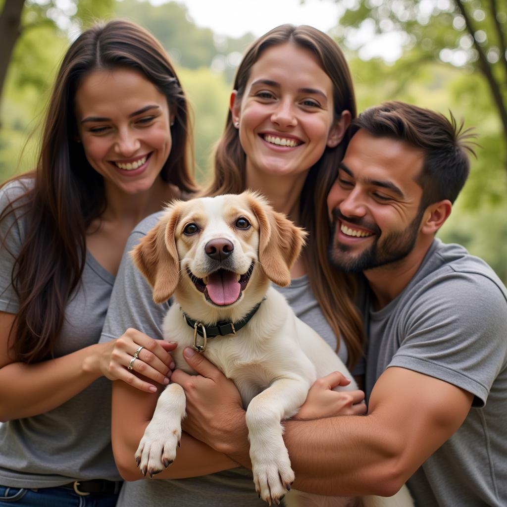 A family smiles brightly while holding their newly adopted dog at the Goodhue County Humane Society