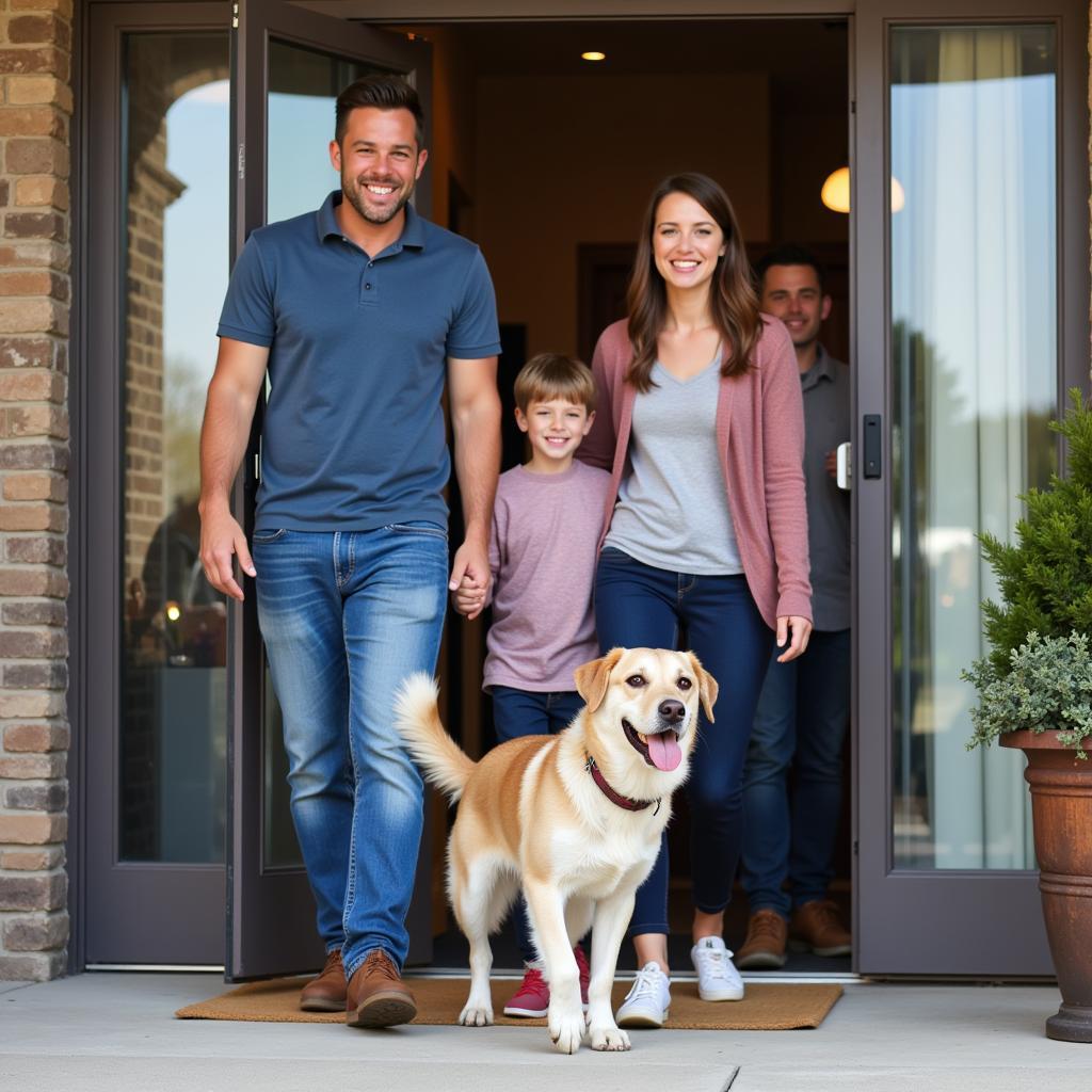 Smiling family with their newly adopted dog