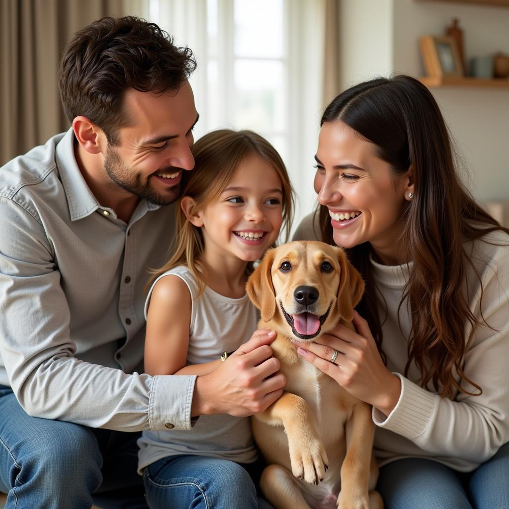 A family smiles with their newly adopted dog from Pope Memorial Humane Society