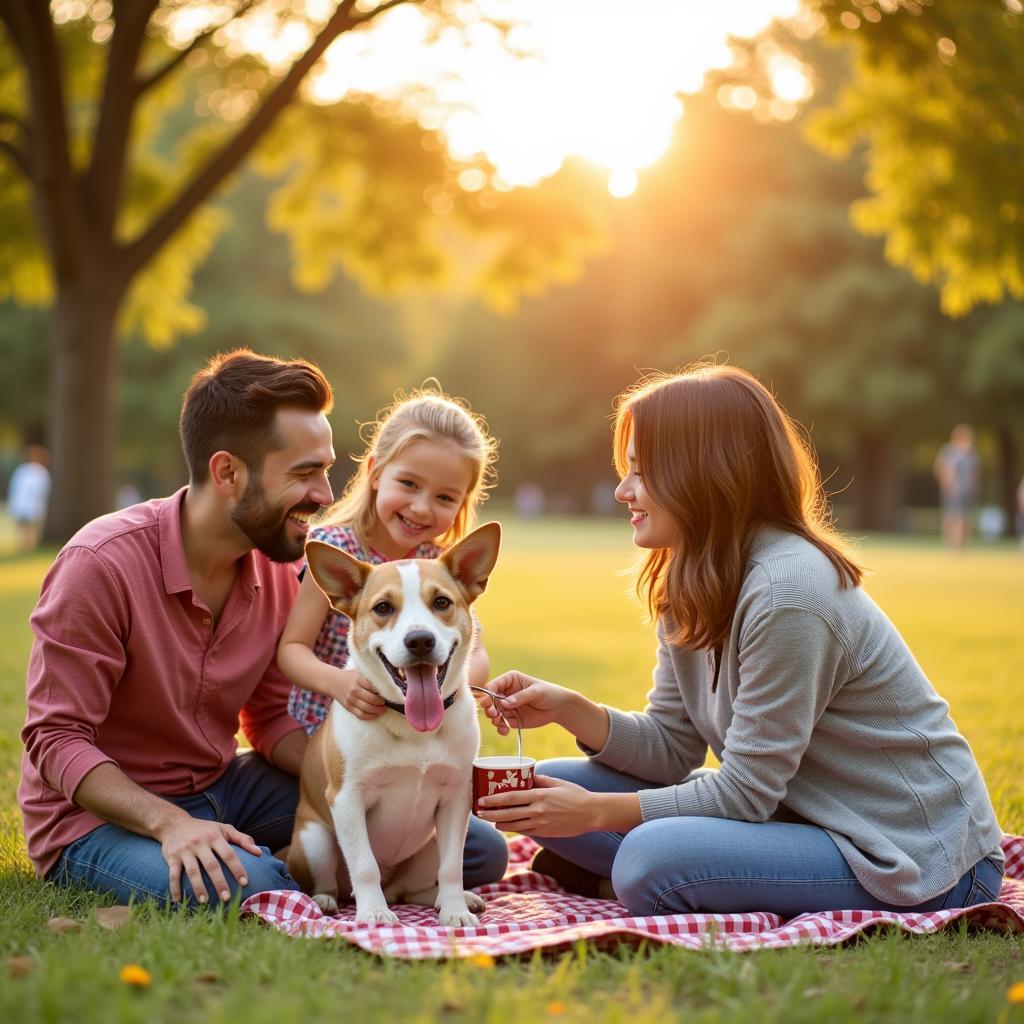 A family enjoys a picnic with their adopted dog