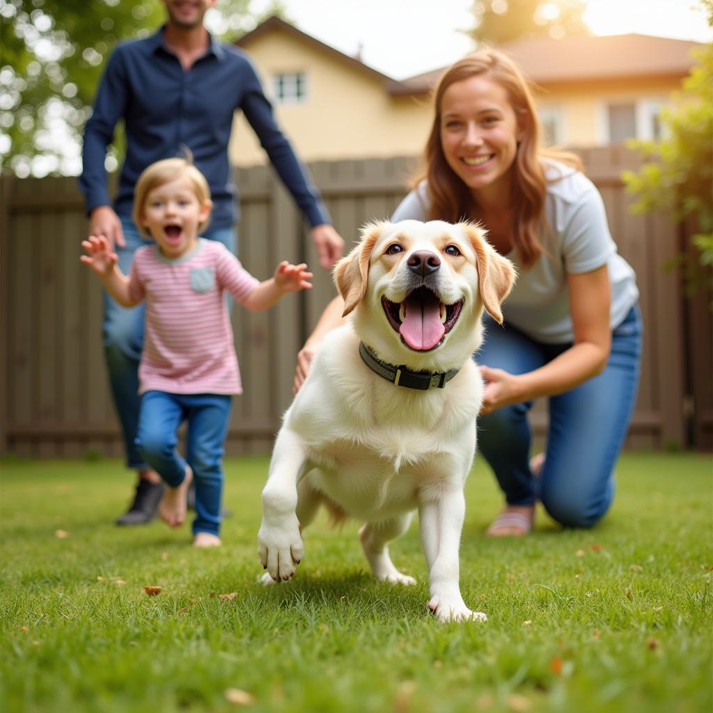 A family smiles with their newly adopted dog from the Humane Society