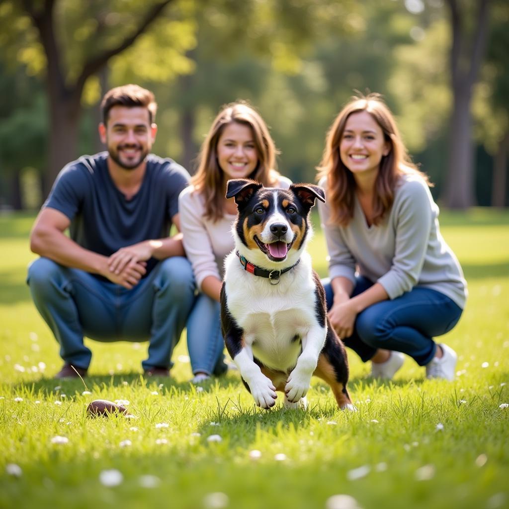 A happy family with their newly adopted dog enjoying a day at the park