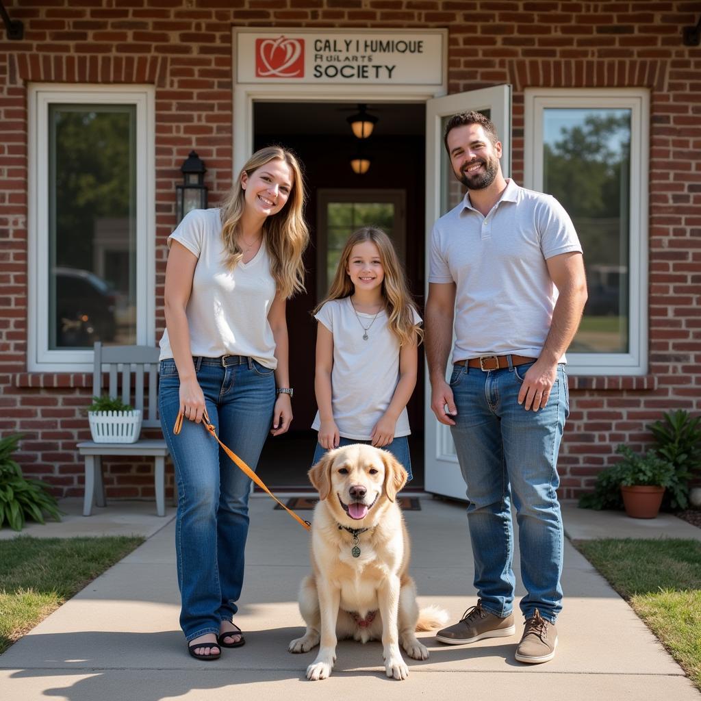 A joyful family poses with their newly adopted dog in front of the CNY Humane Society