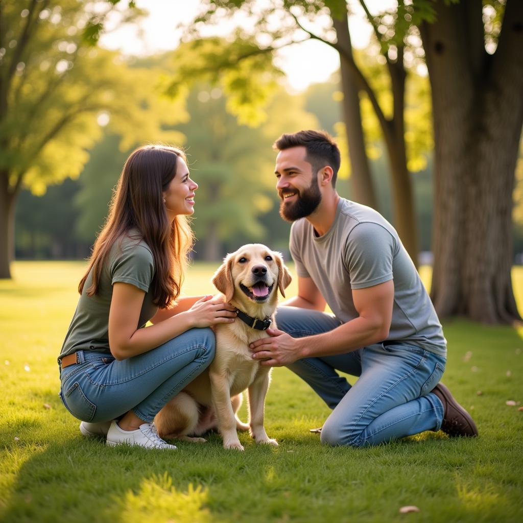 A joyous family smiles brightly while their adopted dog playfully leaps in a park.